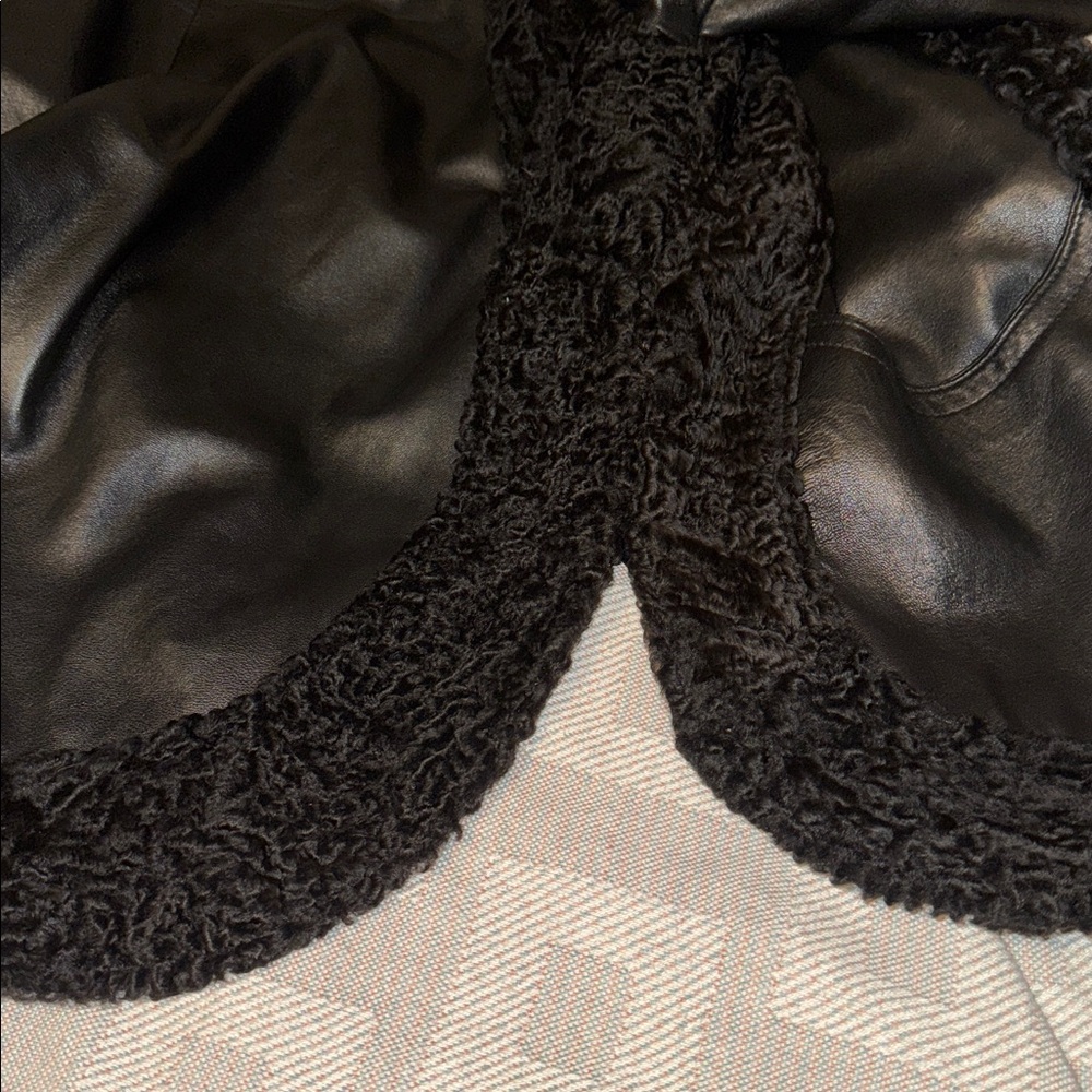Black lamb fur trim lambskin leather coat L - Picture 10 of 12